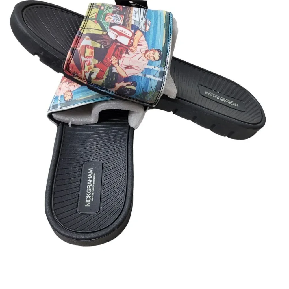 Nick Graham Dane Happy Men's Slide Sandals Size 13 Beach Print Father Day Deal